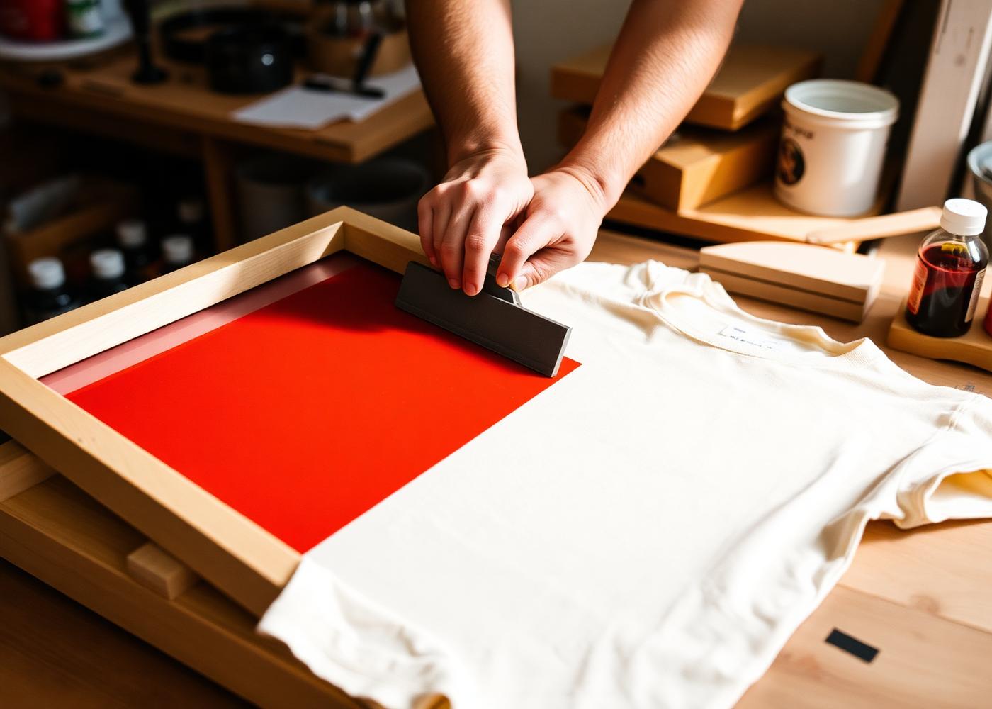 Mãos puxando o rodo sobre a tela de serigrafia imprimindo tinta vermelha em uma camiseta crua